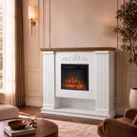 HOMCOM Lareira Elétrica 1800 W, Efeito Chama 3D Realista, com Manto e Prateleira, 5 Níveis de Luminosidade, Branco(m-2)