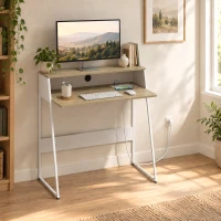 HOMCOM Secretária de Computador, 90 x 50 cm, Secretária com Arrumação, Prateleira Aberta e Estrutura em Aço, Carvalho e Branco(m-5)