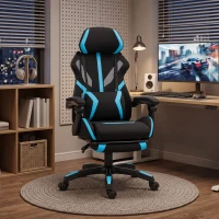 HOMCOM Cadeira Gamer Ergonômica, Poltrona Gamer Reclinável em Malha com Apoio de Cabeça Ajustável, Suporte Lombar, Preto e Azul(m-10)