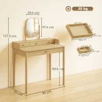HOMCOM Tocador con espejo giratorio, tocador de madera de pino con 4 cajones, superficie de almacenamiento para dormitorio, roble(m-3)