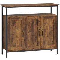 HOMCOM Küchenschrank mit offenem Fach und 2 Schränken, aus Holz und Stahl, 100x35x88 cm, Rustikales Braun(m-1)