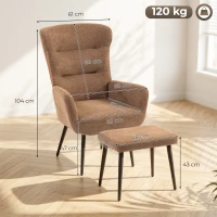 HOMCOM Relax-Sessel mit Pouf im Leinenoptik-Stoff, breite und hohe Rückenlehne, zum Lesen, Wohnzimmer, Braun(m-3)