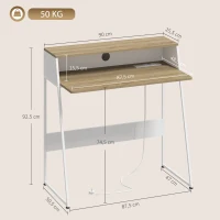 HOMCOM Secretária de Computador, 90 x 50 cm, Secretária com Arrumação, Prateleira Aberta e Estrutura em Aço, Carvalho e Branco(m-3)