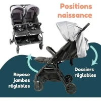 Bambisol - DS209 GRIS NOIR - Poussette Double Cote a Cote | Pour Jumeaux des la Naissance, Pliage Ultra-Compact | Noir Gris(m-5)