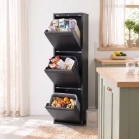 HOMCOM Poubelle de tri basculante 3 x 15 L avec 3 compartiments, seaux intérieurs amovibles, fermeture amortie, Noir(m-4)