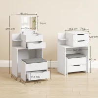 HOMCOM Masă de machiaj cu oglindă și taburet cu oglindă rabatabilă, masă cosmetică cu sertare, Alb(m-3)