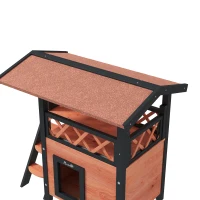 PawHut Cabana para Gato Exterior com Terraço, Escada, Telhado, Casota Villa, 77 x 50 x 73 cm Castanho e Vermelho(m-7)