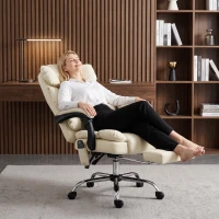 HOMCOM Fauteuil de Bureau avec 6 Points de Massage Chaleur Lombaire Repose-Pieds Hauteur Réglable Télécommande et Tissu PU Beige(m-4)