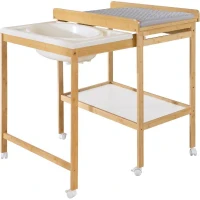 Table a langer avec baignoire coulissante - ROBA - Inclus matelas déperlant Roba style Gris - Tablette de rangement - Bambou naturel(m-1)