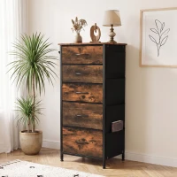 HOMCOM Cómoda 5 cajones de tela plegables, cómoda para dormitorio de adulto con bolsillos laterales y 2 ganchos, marrón rústico(m-10)