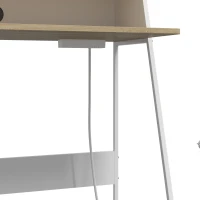 HOMCOM Secretária de Computador, 90 x 50 cm, Secretária com Arrumação, Prateleira Aberta e Estrutura em Aço, Carvalho e Branco(m-6)