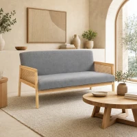 HOMCOM 3-Sitzer-Sofa mit Leinenoptik-Bezug und Kunstrattan-Details, Gestell aus Holz, Belastbarkeit 330 kg, 149x77x77 cm, Hellgrau(m-5)
