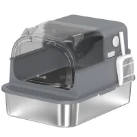 PawHut Caixa de Areia Aço Inoxidável com Tampa Removível XL 92L para Gatos Grandes 3 em 1 com Pá Bordas Altas(m-1)