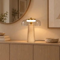 HOMCOM Lámpara de Mesa Vintage con Pantalla de Vidrio y Base de Travertino, Lámpara de Mesita Retro, Luz Cálida 3000 K, Ámbar(m-5)