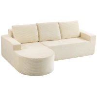 HOMCOM Canapea colțar 3 locuri din catifea côtelée, Canapea comprimată în L 235cm, Șezlong curbat, Șezut adânc, Bej(m-8)