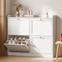 HOMCOM Schuhschrank für 16 Paar, schmaler Schuhschrank, 4 Klappfächer, verstellbare Einlegeböden und Oberplatte, Weiß(m-2)