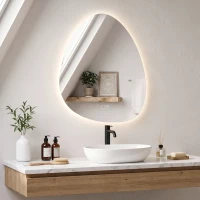 HOMCOM Espelho de Casa de Banho Bluetooth com Iluminação LED 60x80cm, Forma de Seixo, Dimerizável 3 Cores, Anti-Embaçamento, Memória, Prateado(m-2)