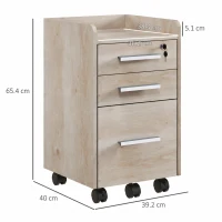 HOMCOM Comodă de birou cu roți și 3 sertare Încuietoare și 2 Chei Bare Reglabile pentru Dosare 39,2x40x65,4 cm Stejar(m-3)