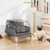 PawHut Caixa de Areia Aço Inoxidável com Tampa Removível XL 92L para Gatos Grandes 3 em 1 com Pá Bordas Altas(m-4)