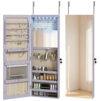 HOMCOM Wand-Schmuckschrank mit LED-Leuchten Klappbarer kleiner Spiegel Schloss zum Aufhängen an Wand oder Tür Lila(m-8)