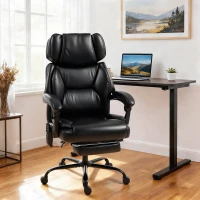 HOMCOM Fauteuil de bureau massant 6 points vibrant, chauffé avec repose-pieds, en cuir PU, hauteur réglable, Noir(m-5)