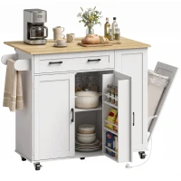 HOMCOM Isla de Cocina con Ruedas, Encimera Extensible Estación de Carga Compartimento para Cubo Estantes en las Puertas Blanco(m-11)