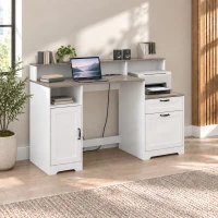 HOMCOM Birou 140 cm cu Stație de Încărcare, Sertare și Dulap, Prize, Suport pentru Imprimantă și Monitor Maro și Alb(m-2)