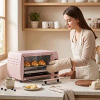 HOMCOM Cuptor Electric de Masă 10L 750W Mini cuptor electric Până la 230 ℃ și temporizator 36,5x26x22 cm Roz(m-4)