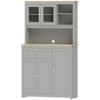HOMCOM Armoire de rangement avec surface de travail ouverte et passe-câble, Buffet de cuisine avec portes vitrées Gris, 180cm(m-1)