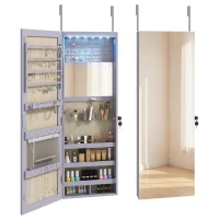 HOMCOM Wand-Schmuckschrank mit LED-Leuchten Klappbarer kleiner Spiegel Schloss zum Aufhängen an Wand oder Tür Lila(m-7)