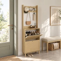 HOMCOM Cuier pentru încălțăminte cu 2 sertare rabatabile cu uși din ratan 8 cârlige raft superior și cadru din lemn natural(m-6)
