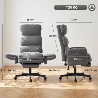 HOMCOM Scaun Birou Ergonomic, Cotieri Rabatabile, Tetieră Reglabilă, Fotoliu Birou Înclinat Velur Côtelat, Gri(m-3)