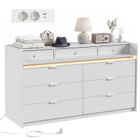 HOMCOM Commode avec Luminaires LED, Station de Charge et 9 Tiroirs Commode pour Chambre pour Salon Dressing 148,7x45x82 cm Blanc(m-7)