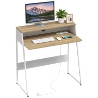 HOMCOM Birou de calculator, 90 x 50 cm, Birou cu depozitare, Etajeră deschisă și cadru din oțel, Stejar și alb(m-8)