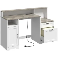 HOMCOM Birou 140 cm cu Stație de Încărcare, Sertare și Dulap, Prize, Suport pentru Imprimantă și Monitor Maro și Alb(m-1)