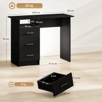 HOMCOM Platzsparender Schreibtisch mit 3 Schubladen, offenem Fach, Büroschreibtisch, modern, PC-Tisch für Zuhause und Büro, 100x40x75 cm, Schwarz(m-3)
