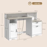 HOMCOM Birou 140 cm cu Stație de Încărcare, Sertare și Dulap, Prize, Suport pentru Imprimantă și Monitor Maro și Alb(m-3)