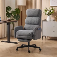 HOMCOM Scaun Birou Ergonomic, Cotieri Rabatabile, Tetieră Reglabilă, Fotoliu Birou Înclinat Velur Côtelat, Gri(m-6)