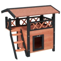 PawHut Adăpost Exterior pentru Pisici cu Terasă, Scară, Acoperiş, Vila-cușcă, 77 x 50 x 73 cm Maro și Roșu(m-1)