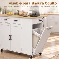 HOMCOM Isla de Cocina con Ruedas, Encimera Extensible Estación de Carga Compartimento para Cubo Estantes en las Puertas Blanco(m-6)