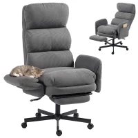 HOMCOM Scaun Birou Ergonomic, Cotieri Rabatabile, Tetieră Reglabilă, Fotoliu Birou Înclinat Velur Côtelat, Gri(m-8)