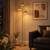 HOMCOM Lampă de podea cu abajururi reglabile 350° pentru living și birou, lampă cu 3 abajururi din oțel, auriu(m-6)