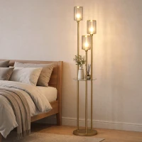 HOMCOM Lampă de podea cu raft și 3 abajururi din sticlă, lampă de podea cu masă din sticlă, 177 cm, auriu(m-5)