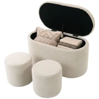 HOMCOM Velours-Aufbewahrungsbank Pouf Aufbewahrungstruhe 3-in-1 mit 2 integrierten kleinen Hockern 82x43x44cm Beige(m-7)
