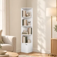 HOMCOM Eckregal mit 5 Ebenen, Regalböden und Schrank für Wohnzimmer, Schlafzimmer, 29,5x29,5x158 cm, Weiß(m-6)