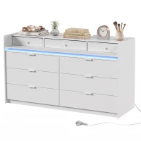 HOMCOM Commode avec Luminaires LED, Station de Charge et 9 Tiroirs Commode pour Chambre pour Salon Dressing 148,7x45x82 cm Blanc(m-8)