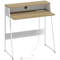 HOMCOM Birou de calculator, 90 x 50 cm, Birou cu depozitare, Etajeră deschisă și cadru din oțel, Stejar și alb(m-1)