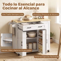 HOMCOM Isla de Cocina con Ruedas, Encimera Extensible Estación de Carga Compartimento para Cubo Estantes en las Puertas Blanco(m-7)