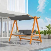 Outsunny hangmatschommel met bedfunctie 3-zits tuinschommel met dak ligbed tuinbank Lariks hout polyester grijs + teak 225.5 x 113 x 180 cm(m-3)