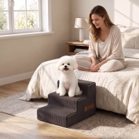 PawHut Dog Steps, 3-Step Dog Stairs for Bed and Sofa, Pet Stairs with Carry Handle, Washable Cover(m-2)